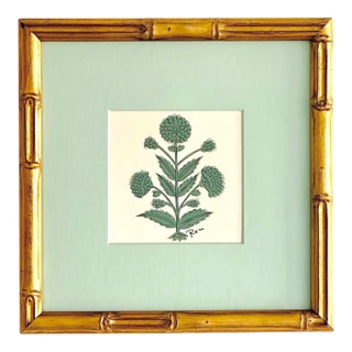 Hand-Painted Jaipuri Green Floral Motif Painting With a Hand-Painted Mat. Framed For Sale