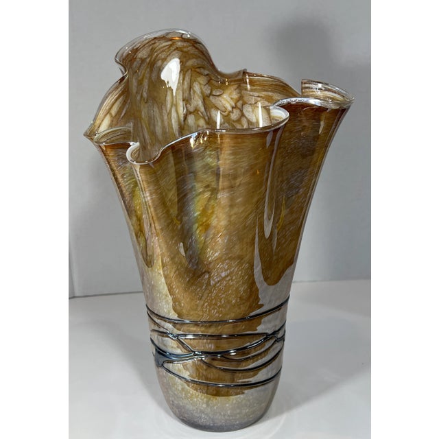 Contemporary Iridescent Art Glass Gold Tan Handkerchief Vase For Sale - Image 3 of 12