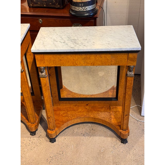 19th Century Pair Empire Consoles With Burlwood and Marble Tops For Sale - Image 11 of 16