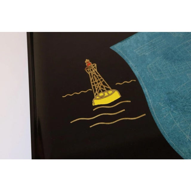 Large Mid-Century Black Resin Tray With Inlaid Sailboats and Lighthouse Motif For Sale - Image 9 of 9