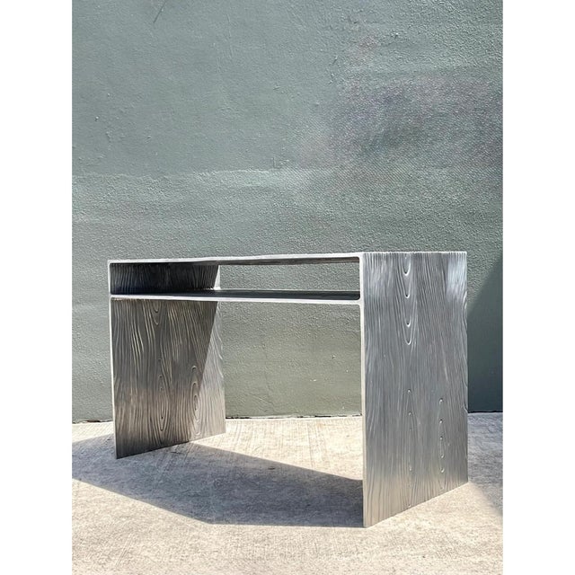 Contemporary Vintage Wood Grain Metal Console Table For Sale - Image 3 of 12