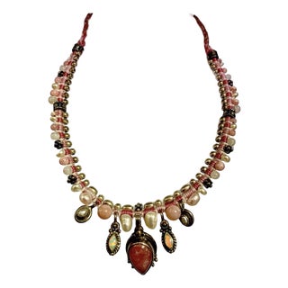 1980s Australian Rainbow Opal, Pearl and Rhodonite in Thick Sterling Silver Cabochons on Knotted Silk Chord. For Sale