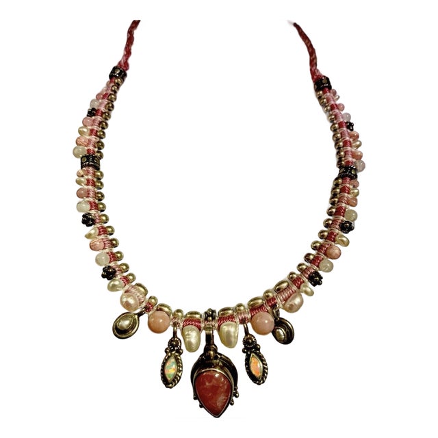 1980s Australian Rainbow Opal, Pearl and Rhodonite in Thick Sterling Silver Cabochons on Knotted Silk Chord. For Sale
