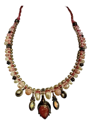 1980s Australian Rainbow Opal, Pearl and Rhodonite in Thick Sterling Silver Cabochons on Knotted Silk Chord.