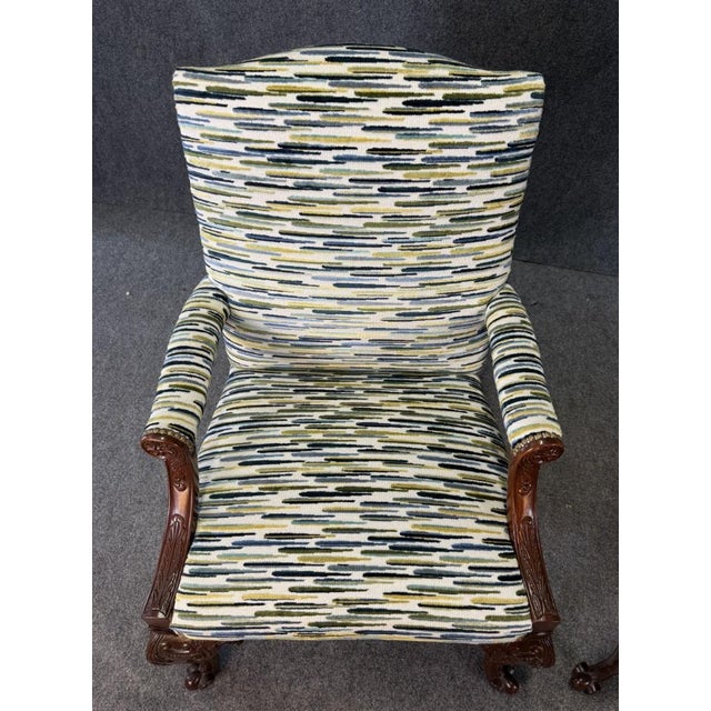 Late 20th Century Pair of Baker Furniture Attributed Stately Homes Gainsborough Arm Chairs in Green & Blue For Sale In Raleigh - Image 6 of 11