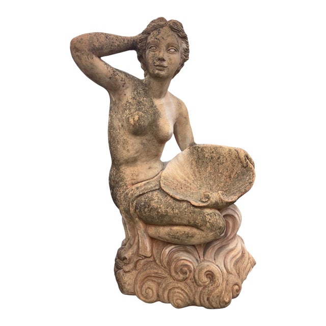 Vintage Neoclassical Terracotta Garden Fountain - Maiden With Scallop Shell For Sale