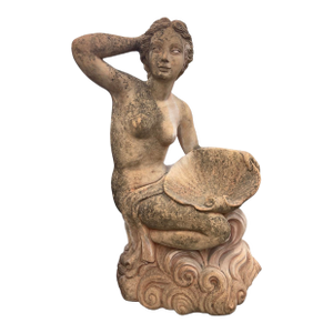 Vintage Neoclassical Terracotta Garden Fountain - Maiden With Scallop Shell