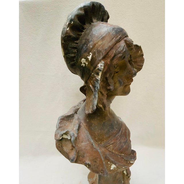 Antique French Art Nouveau Cast Iron Bust of a Bonneted Coquette, Signed Jacobs For Sale - Image 6 of 9