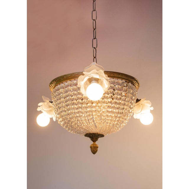 French Corbeille Chandelier in Bronze and Glass, 1890s, in Very Good conditions. Designed 1890 to 1919 Up to 250V...