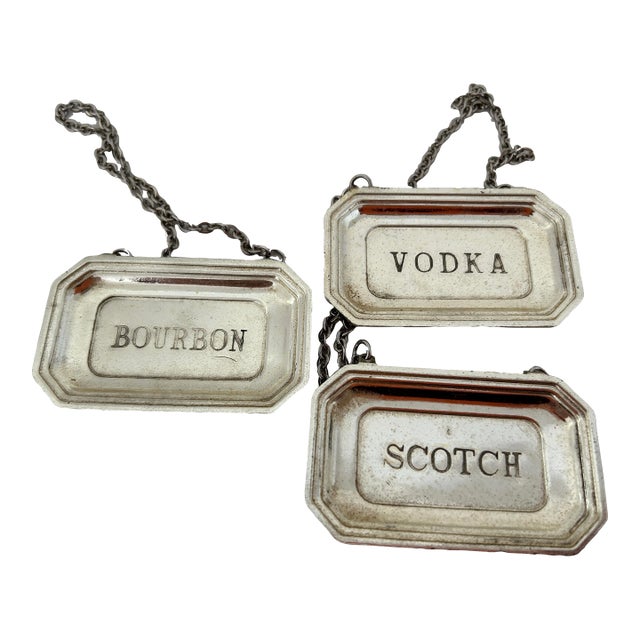 Vintage Silver Plated Liquor Bottle Bourbon, Scotch & Vodka Decanter Tags For Sale