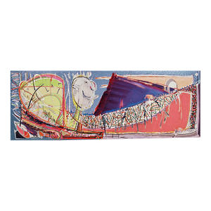 "Tables and Bridges", 1984. Mixed Media on Canvas by Joe Ginsberg. Contemporary, Figurative Landscape. Field of Blue, Primary Colors.