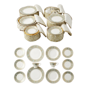 1990s Wedgwood New Gold Columbia Sage Green Service for 12, Plus 6 Rim Soup Bowls R4409 - 66pc