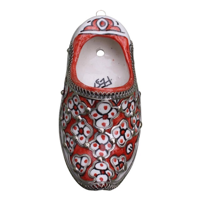 Vintage Moroccan Babouche Ceramic Wall Hanging With Engravings For Sale