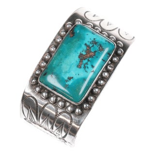 6" 30's-40's Native American silver cuff bracelet with large turquoise For Sale
