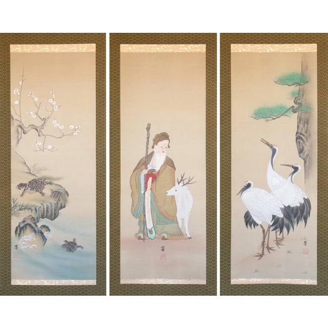 Showa to Early Heisei Era Japanese Silk Scroll Paintings by Jin, Set of 3 in Original Case For Sale - Image 18 of 18