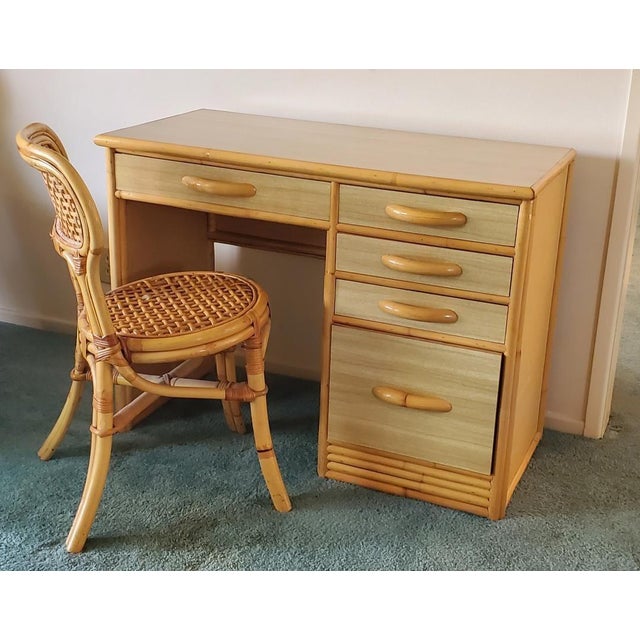 1960s Rattan Desk With Formica & Grass Cloth. The Pull Out Pencil Drawer Has A Curved Rattan Handle. All Other Drawers Are...