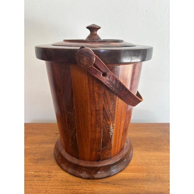 Arts & Crafts heavy wooden ice bucket with embossed leather handle. Unsigned by maker. Please see condition details noted....