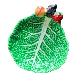 Vintage Gift Ideas Creation Japan Green Cabbage Leaf Serving Dish, Mid Century Ceramic Tidbit Tray, Fruit Motif Majolica For Sale