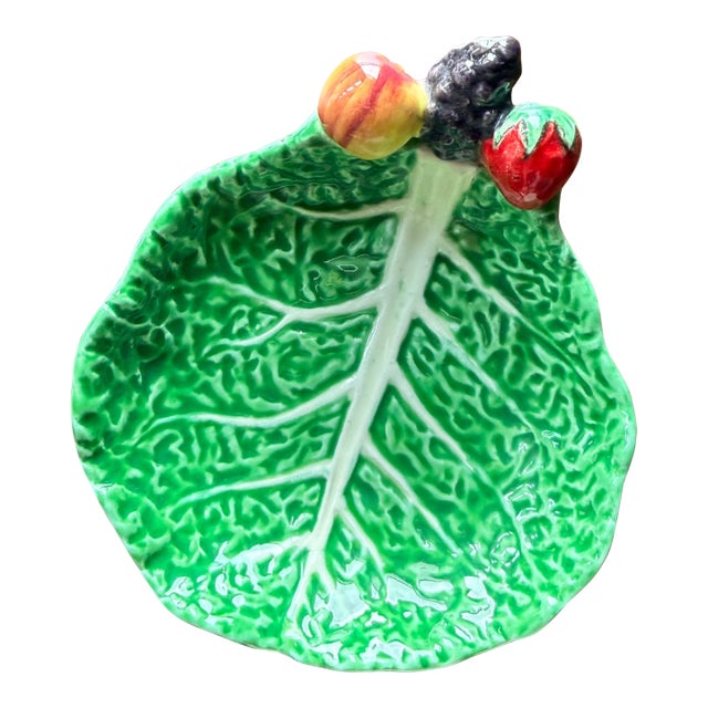 Vintage Gift Ideas Creation Japan Green Cabbage Leaf Serving Dish, Mid Century Ceramic Tidbit Tray, Fruit Motif Majolica For Sale