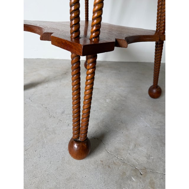 Antique Arts & Crafts Style Two-Tier Oak Accent Table With Scalloped Top Barley Twist Legs and Ball Feet For Sale - Image 10 of 12