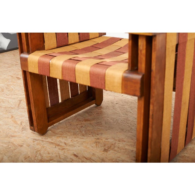 Viennese Armchair in Wooden Construction and Upholstered with Beige Red Linen Bands For Sale - Image 6 of 15