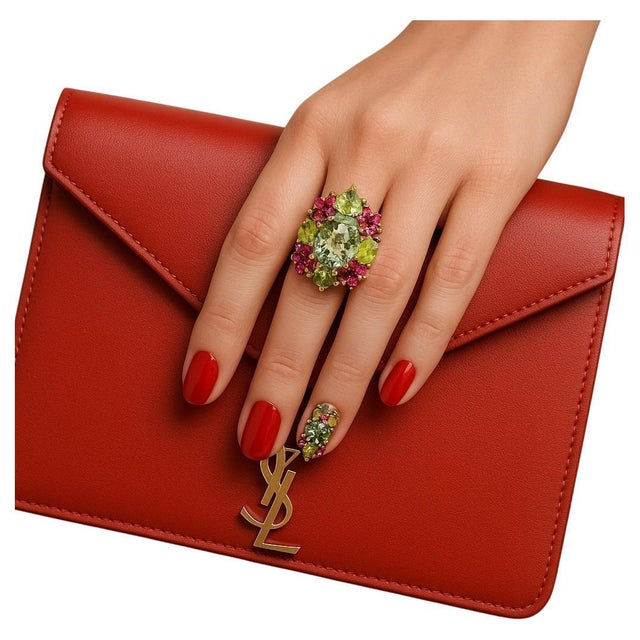 Green Bochic “Orient” Vintage Diamond, Peridot, Tourmaline & Topaz Ring 18K & Silver For Sale - Image 8 of 15