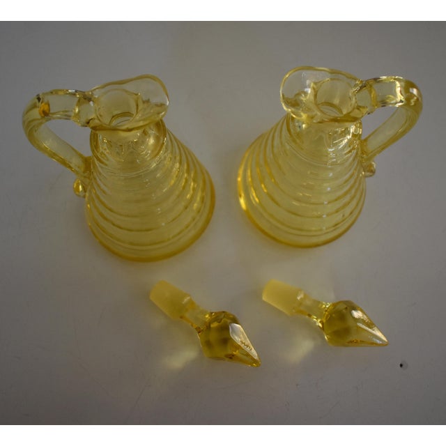 Antique 1900s Hand Blown Cruets, Yellow Vinegar and Oil Bottles With