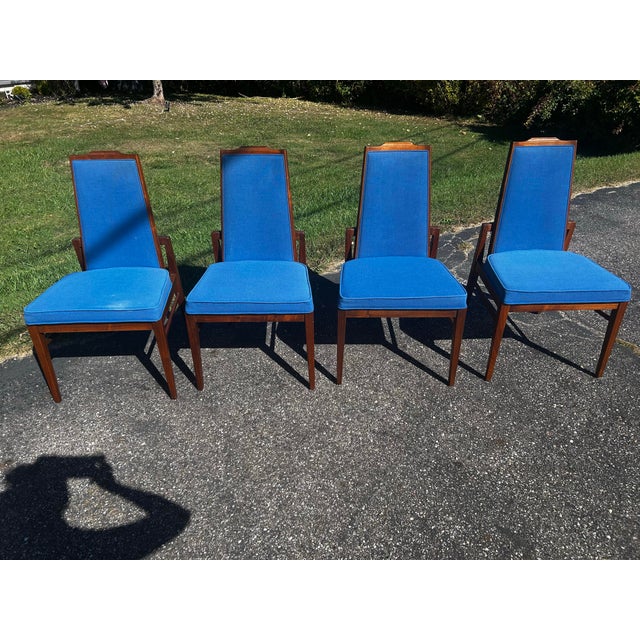 Mid century Diningham walnut dining chairs set of 4 High back with unique style royal blue upholstery