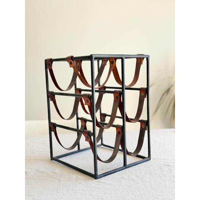 Vintage Arthur Umanoff Mid Century Modern Iron & Leather Wine Rack – 6 Bottle Vintage Bar Storage, Industrial Brutalist Decor For Sale - Image 9 of 9