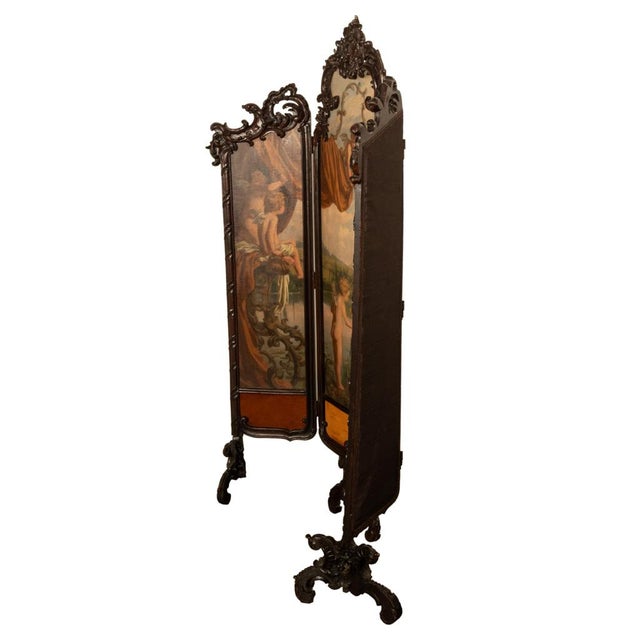Late 19th Century Antique French Rococo Oil Canvas Walnut Painting Landscape Cherubs Screen 1870 For Sale - Image 5 of 18