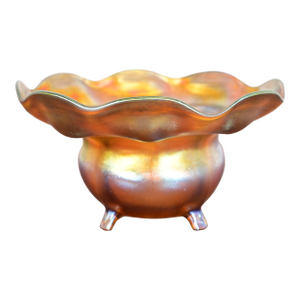 Louis Comfort Tiffany Favrile Iridescent Art Glass Floriform Footed Vase or Bowl With Flared and Ruffled Edge