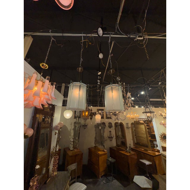 Modern Pair of Italian Modern Pale Green Frosted Glass Lanterns For Sale - Image 3 of 7