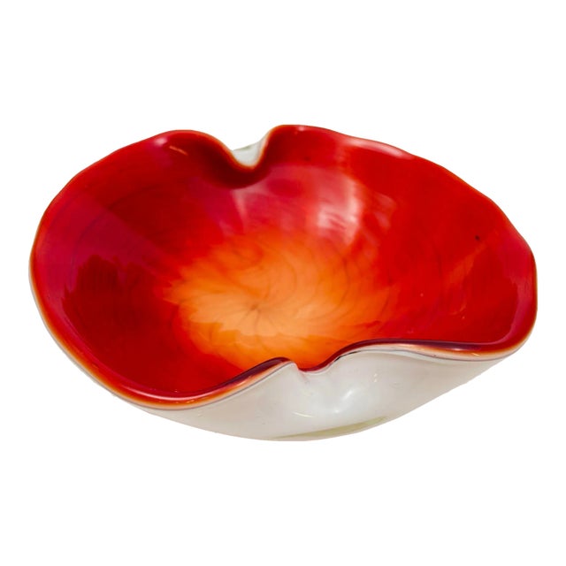 Vintage Venetian Murano Seguso Art Glass Cased Red and White Ashtray Italy 1960 For Sale