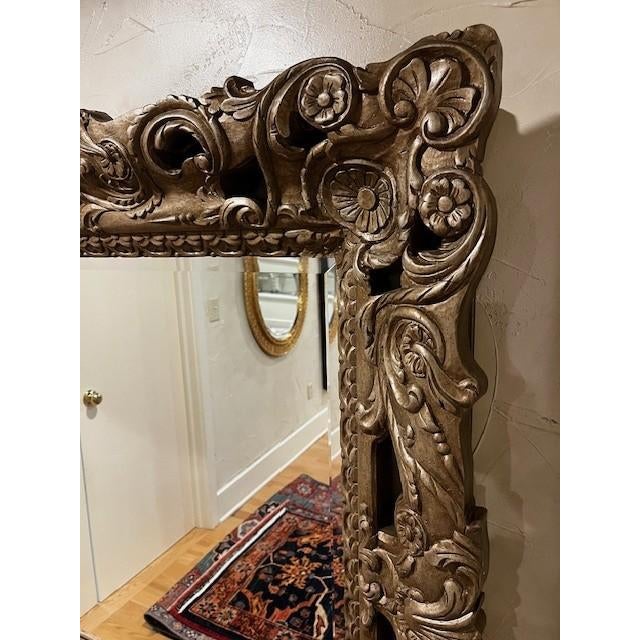 Emerson et Cie Mirror. Champagne Silver Finish on Wood Carved Frame. Beveled Mirror