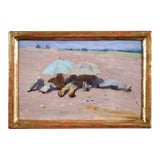 Antique Italian Impressionist Landscape Oil Paining of Resting Workers in Tuscany Circa 1900 For Sale