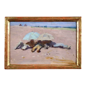 Antique Italian Impressionist Landscape Oil Paining of Resting Workers in Tuscany Circa 1900