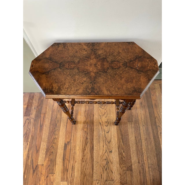 Victorian Antique Victorian Burl Walnut Octagonal Side Table, Bobbin Turned Legs For Sale - Image 3 of 10