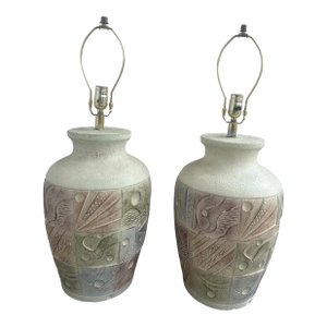 Late 20th Century Postmodern Cream and Tan Ceramic Table Lamps - Pair