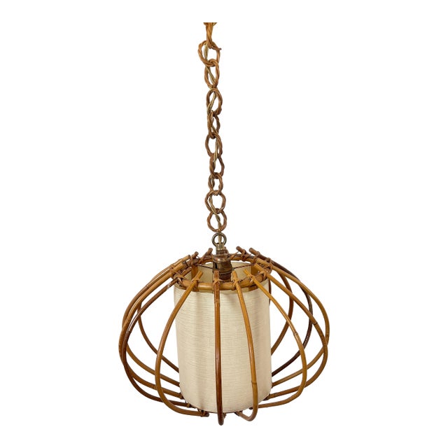 French Louis Sognot Rattan Pendant Light, 1960s For Sale