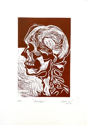 2017 "Mictlán" Contemporary Brutalist Style Figurative Linocut Print