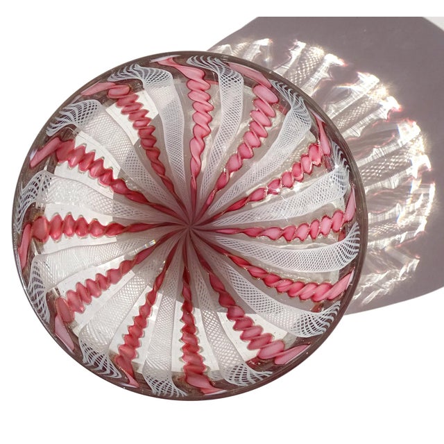 Fratelli Toso Murano Fratelli Toso Vintage Pink White Copper Aventurine Twisting Ribbons Italian Art Glass Bowl For Sale - Image 4 of 6