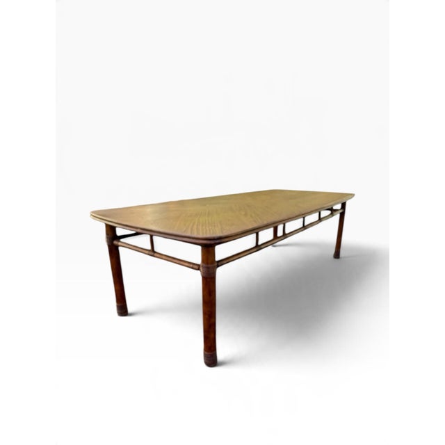 Brown Vintage Faux Bamboo Fruitwood Cocktail Table With Geometric Veneer Top For Sale - Image 8 of 11