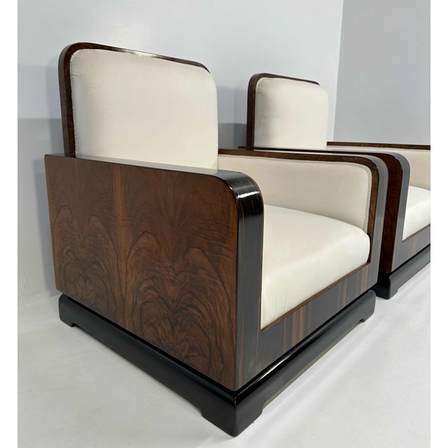 Set of Art Deco Italian Macassar, Walnut Root and Cream Velvet Armchairs, 1930s For Sale - Image 6 of 13