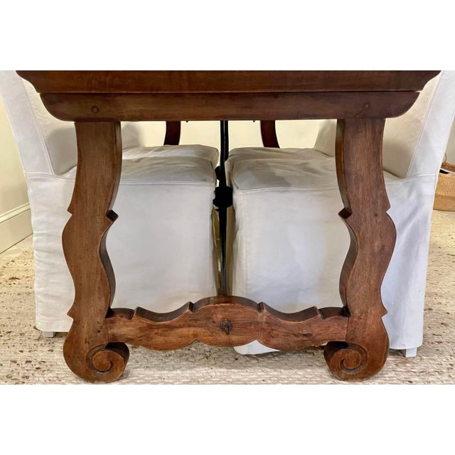 Italian Antique Italian Trestle Table in Walnut With Iron Stretcher For Sale - Image 3 of 5