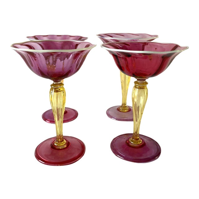 1920s Victor Durand Art Nouveau Hand Blown Ruby Red & Yellow Stems Champagne Glasses-Set of 4 #411 For Sale
