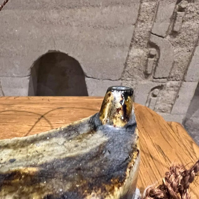 AMBIANIC presents Vintage Japanese Sake Flask Hip Flask Glazed Canteen Pitcher Pottery Vessel Folk Art Pottery 6.75 h x...