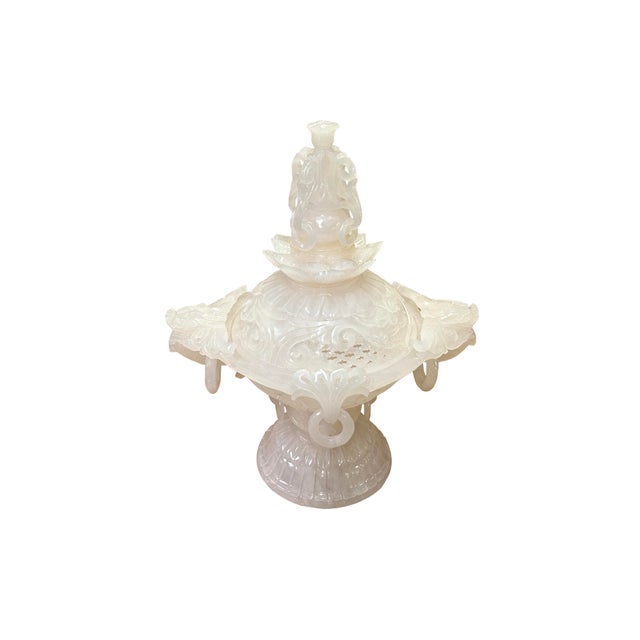 1990s Asian Dragon Relief Carving White Stone Incense Holder Lidded Urn Ceremonial Vessel For Sale - Image 5 of 18