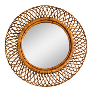 Round Mid Century Mirror With Woven Rattan Frame For Sale