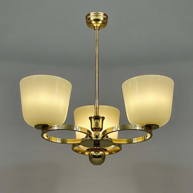 Art Deco Opaline Glass and Brass Chandelier, Germany, 1930s For Sale - Image 18 of 18