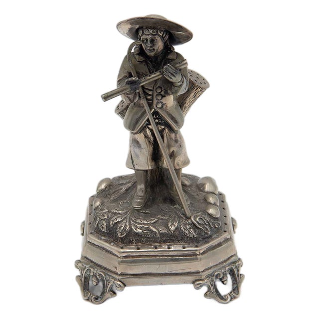 Silver Toothpick Holder with Figure of Shepherd with Flute and Staff For Sale